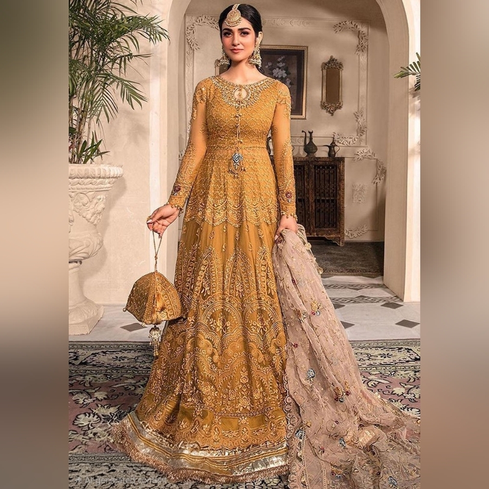 Authentic Official MARIA.B-MBROIDERED - Mustard Maxi Dress With Organza Duppata